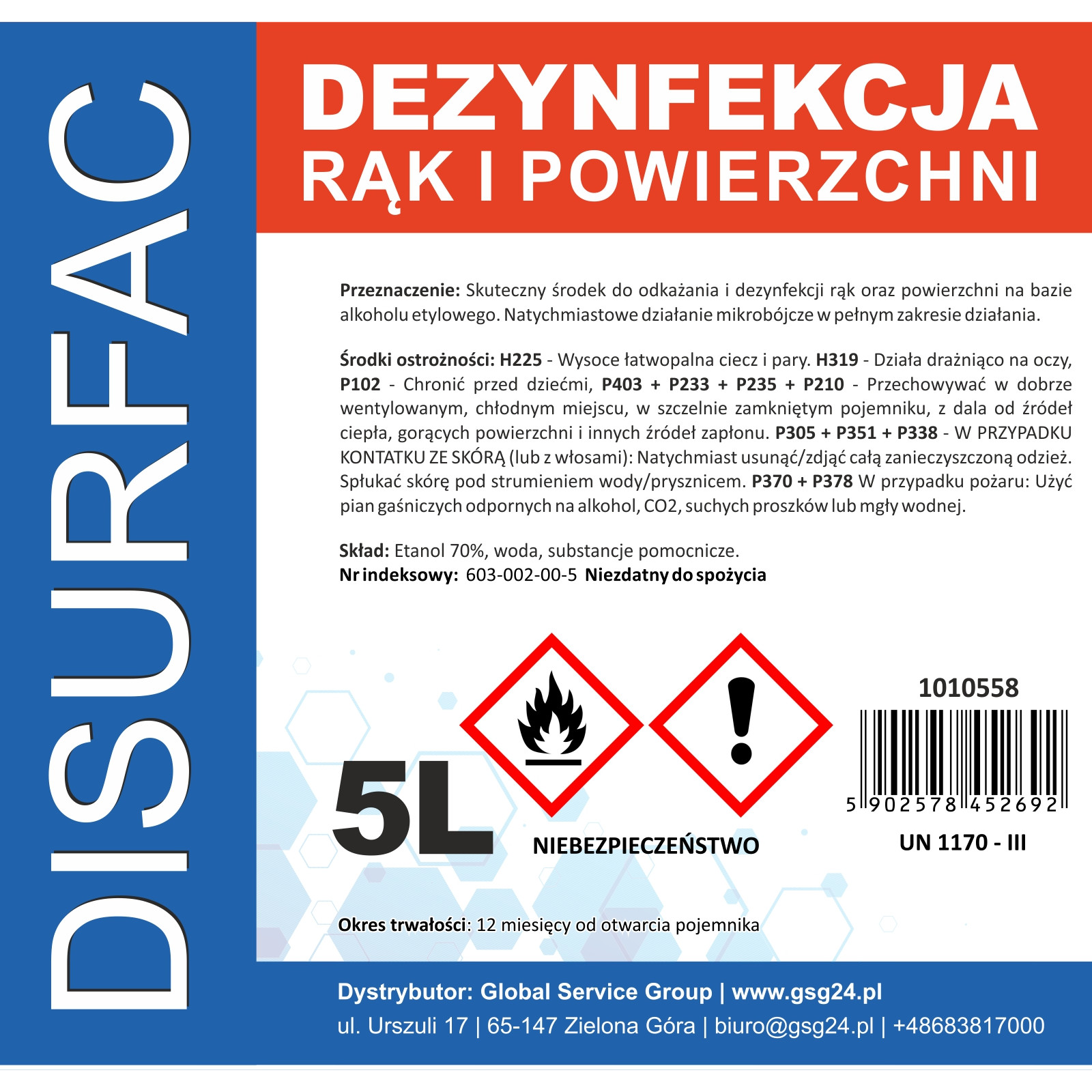 DISURFAC ETANOL 70 Płyn do dezynfekcji rąk i powierzchni 5L - sklep.odpady.org